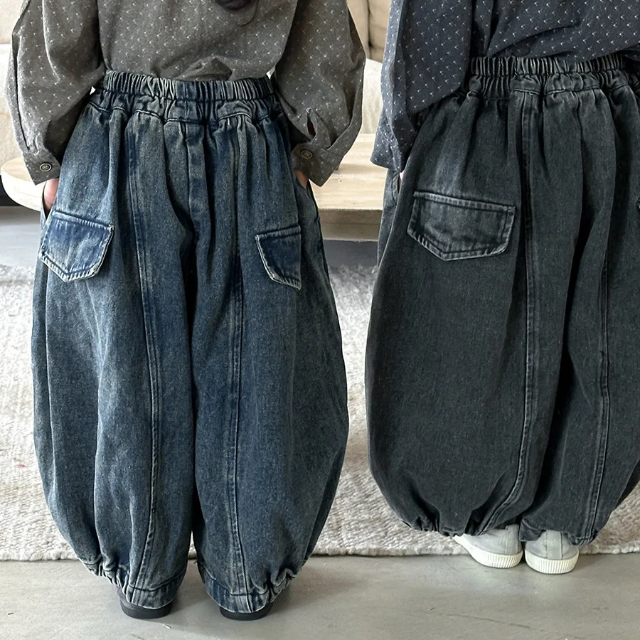 

Autumn Kids Lantern Pants 1-7Y Simple Style Boys Splice Casual Jeans Loose Children's Denim Trousers Girls Baby Wide Leg Pants