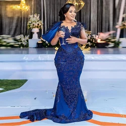 Aso Ebi Arabic Navy Blue Prom Dresses Lace Appliques Plus Size Mermaid Sweep Train Evening Gowns Formal Party Dress Robe De Soir