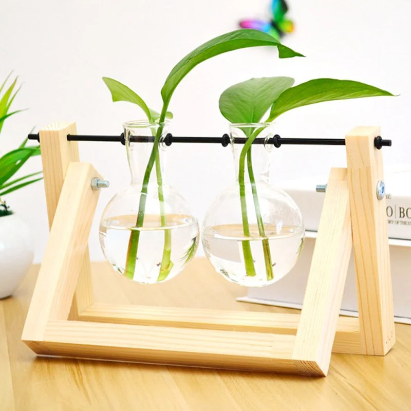 Hydroponic Plant Vases Glass Vase Vintage Bonsai Flower Pot Terrarium Tabletop Tray Wooden Frame Home Decor