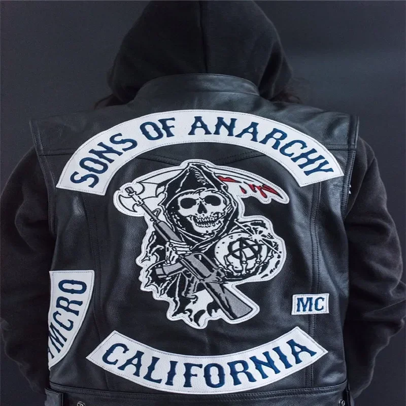 2025 New Sons Of Anarchy Embroidery Leather Rock Punk Vest Cosplay Costume Black Color Motorcycle Sleeveless Jacket wat115