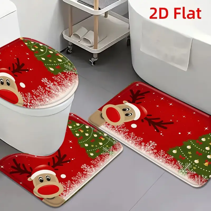 VIKAMA Christmas Reindeer Peeking Toilet Bathroom Rug Set Toilet Lid Cover U Shape Bath Mat Non Slip Xmas Decor Washable