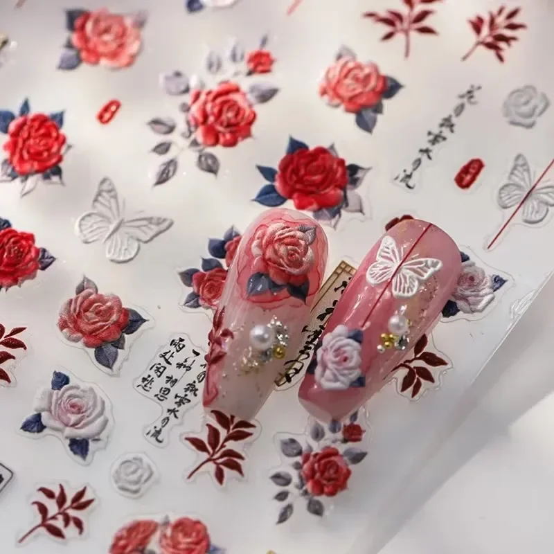 Pink Rose Flowers Butterfly Bowknot Rhinestones Pearl Ribbon Retro Photo Frame Geometric Charm Nail Art Stickers Manicure Decals