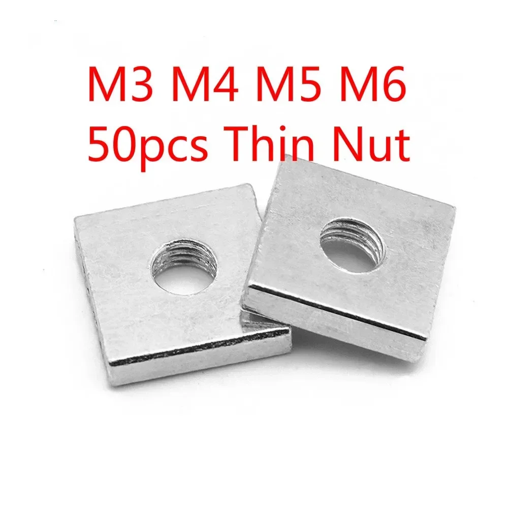 50pc Square Thin Nut M3 M4 M5 M6 Galvanized Zinc Plated Thin Block Quadrangle Block GB39 Compatible with Prusa MK3 Carbon Steel