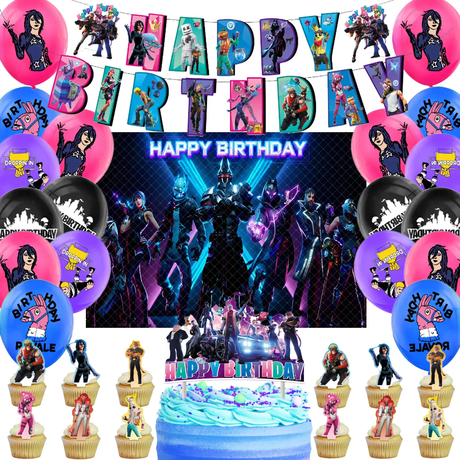 Game Fortnite Birthday Party Decoration Background Alpaca Llama Balloons Cupcake Topper Banner Portrait Photography Props Gifts