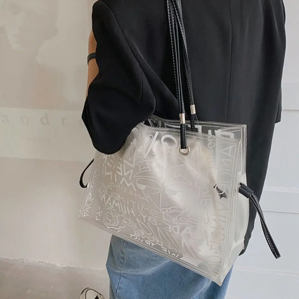 Creative Graffiti Transparent Tote Bag Large Capacity Portable Shoulder Bag PVC Waterproof Jelly Clear Bag Women