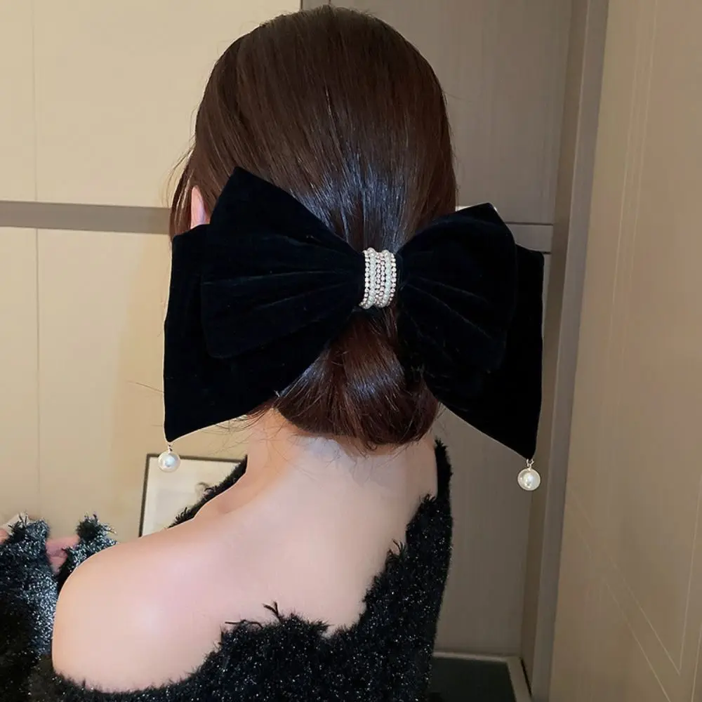

Headdress Cloth Red Velvet Bow Hair Clip Wine Red Pearl Bowknot Spring Clip Tassel Korean Style New Year Hairpin Girls