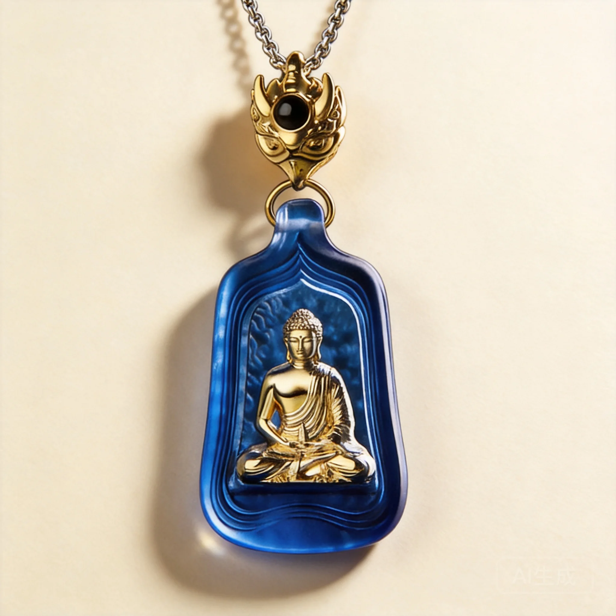 Chinese Style Blessing Gold Medicine Buddha Six Word Mantra Blue Glaze Pendant Necklace Unisex Luck Prayer Spiritual Amulet Jewe