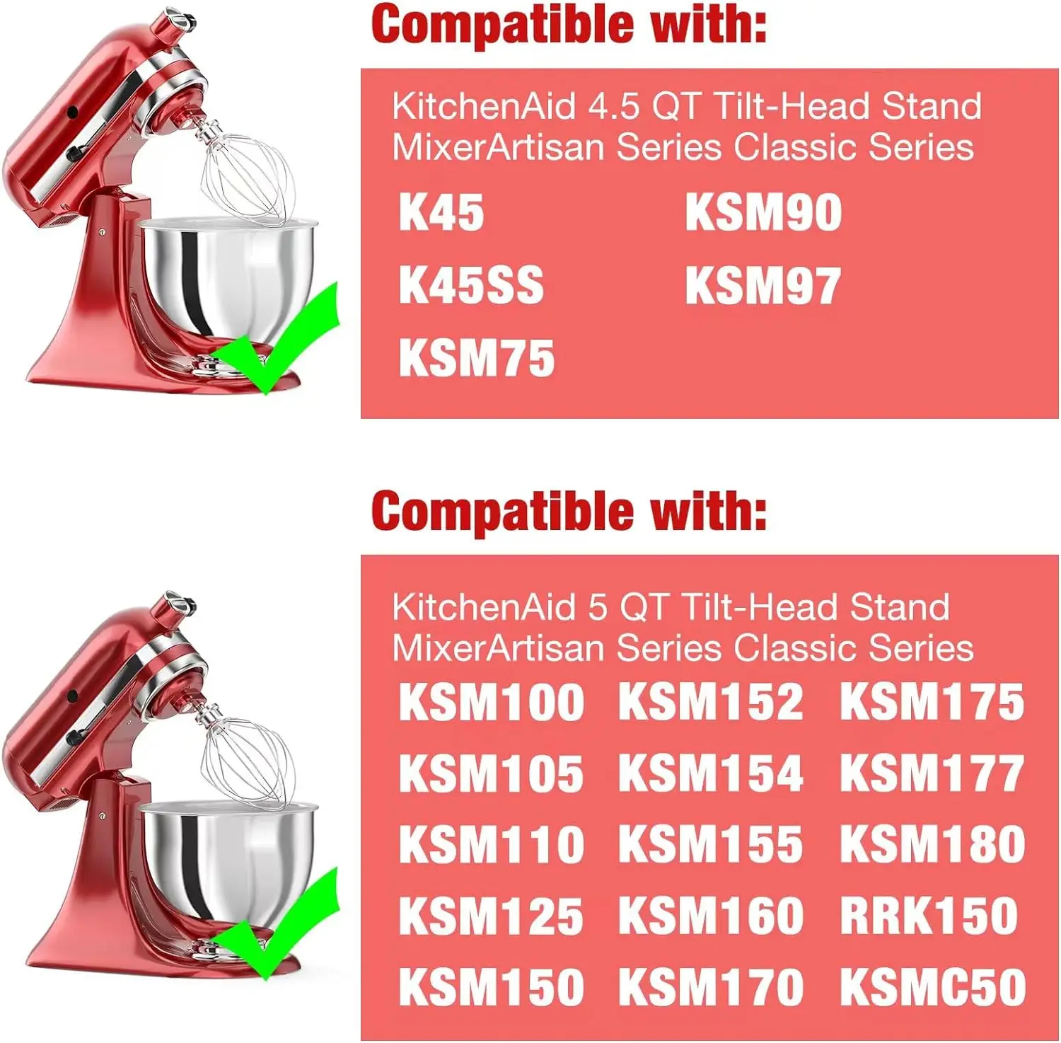 قطعة بديلة K45WW مرفق خفق من الفولاذ المقاوم للصدأ مكون من 6 أسلاك لخلاط حامل وعاء كيتشن إيد بسعة 4.5-5 لتر، خفق