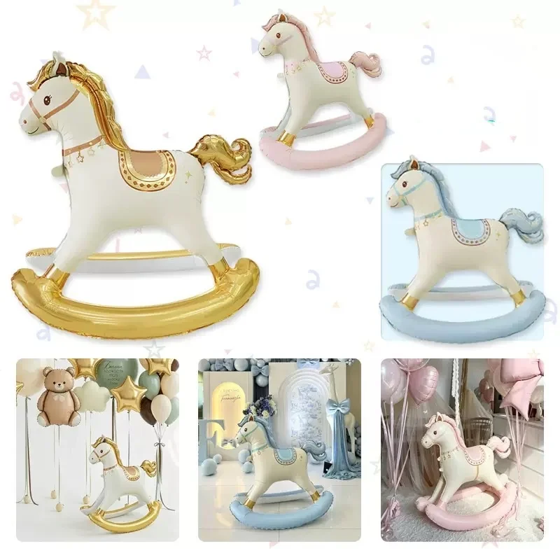 New 3D rocking horse aluminum film balloons for children's birthday party decoration, pink and blue cartoon animal wooden horse