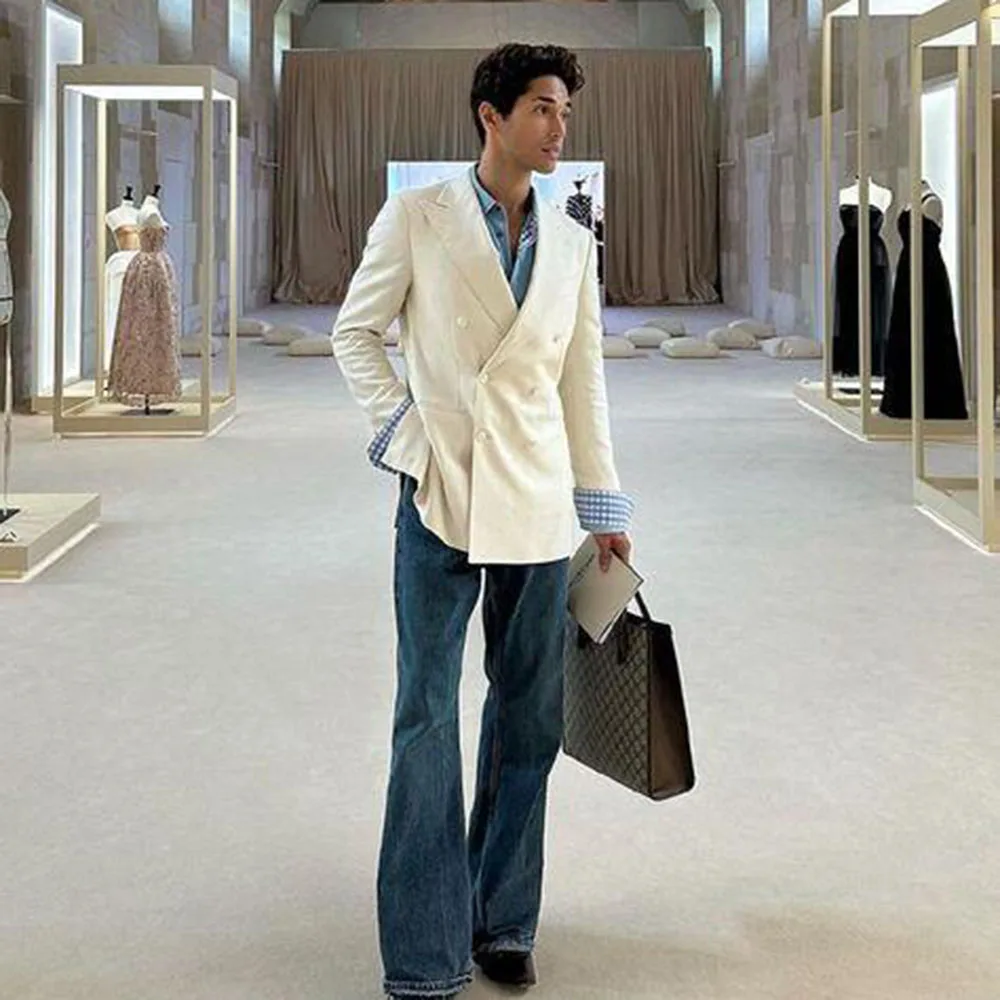 

Fashion Biege Evening Men Suits Peak Lapel 2 Pieces Jacket Pant Double Breasted High Quality Formal Occasion Male Clothing