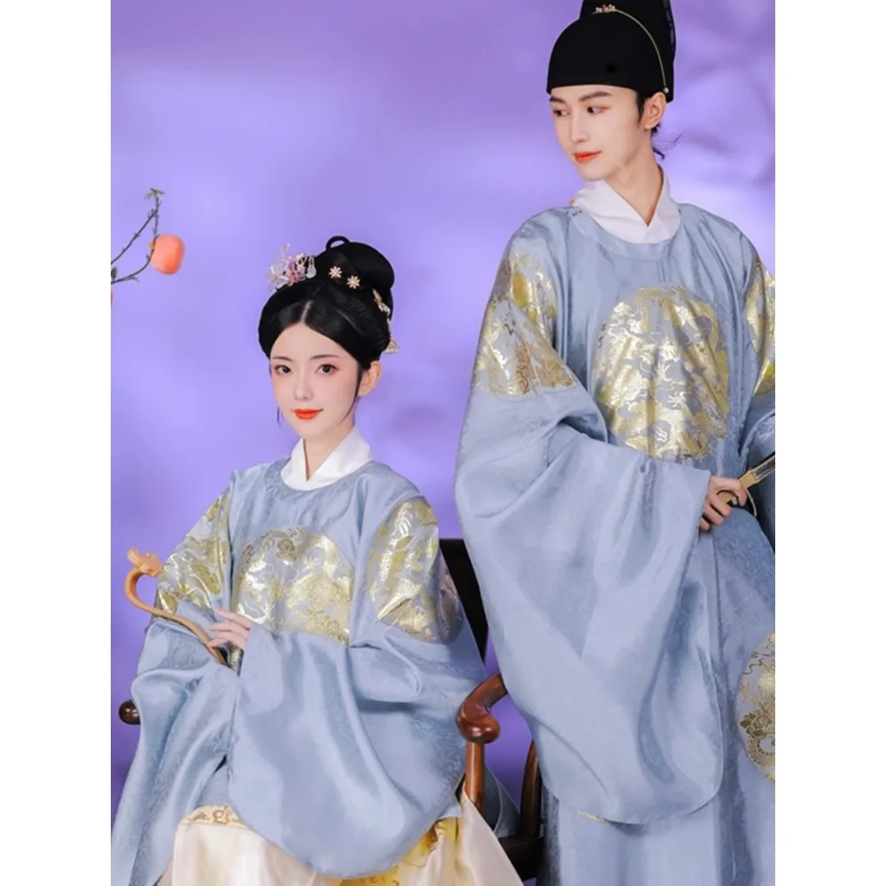 LiuYanXiLeng Navy Blue Ming Dynasty Round Neck Short Shirt Dragon Hanfu CP Men Round Neck Long Robe Cosplay Samurai Hat Suit