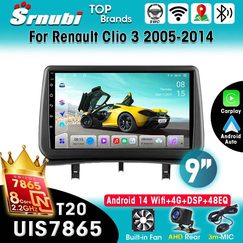 Für Renault Clio 3 2005-2014 Android 16 Autoradio CarPlay 5G WLAN GPS Bluetooth DSP SWC Sprachsteuerung Multimedia-Navigation