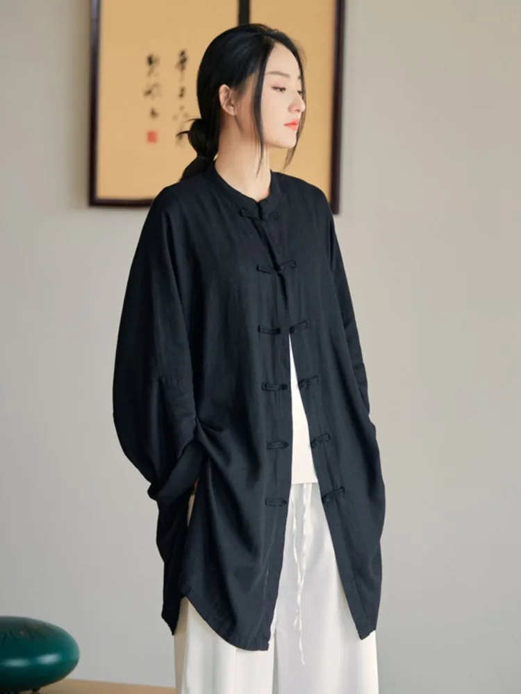 Johnature Women Vintage Loose Shirts Chinese Style Tops Stand Long Sleeve Butto…