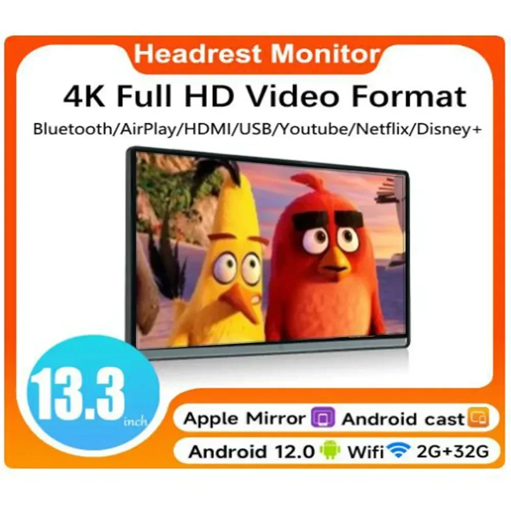 

14"inch Car Headrest TV Tablet 4K Android 12.0 IPS Touch Screen 8Core 4G+64G Seat back Monitor Player WiFi/BT/FM/HDMI/USB/SD