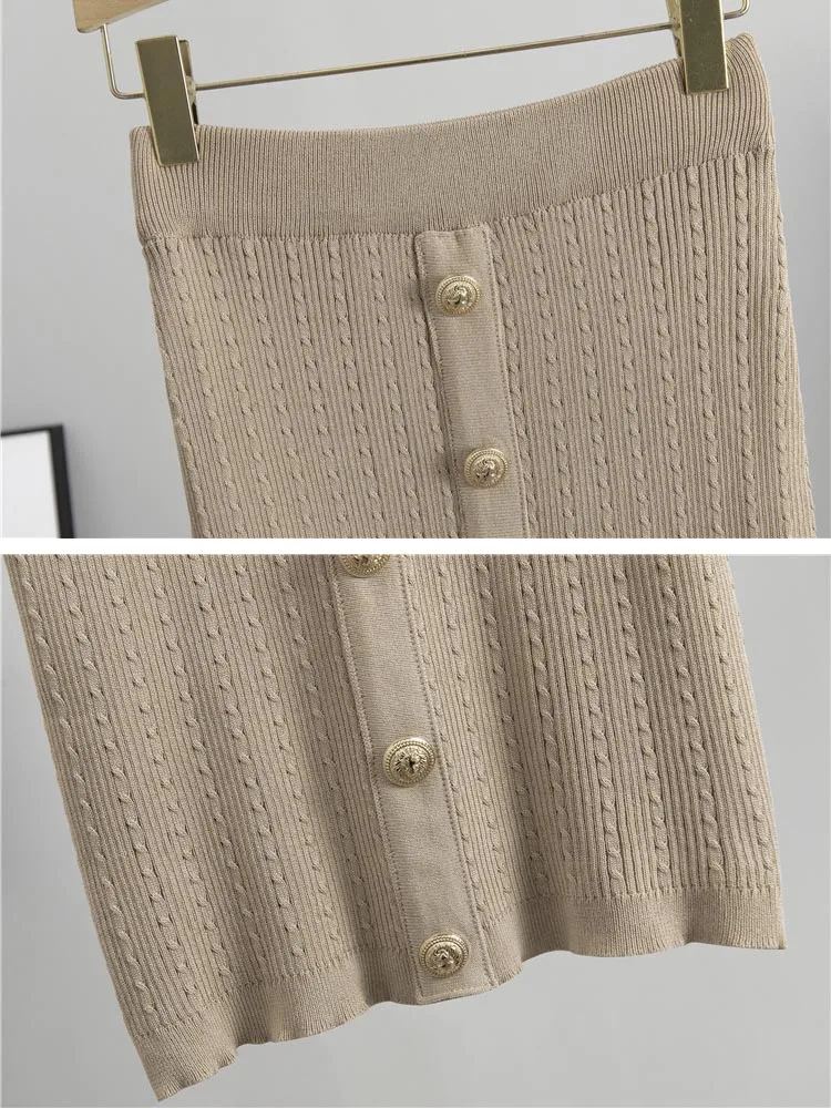 Pull en tricot à boutonnage simple à col en V pour femmes, ensemble 2 pièces élégant, jupe à taille élastique, cardigan mince avec châssis en Y