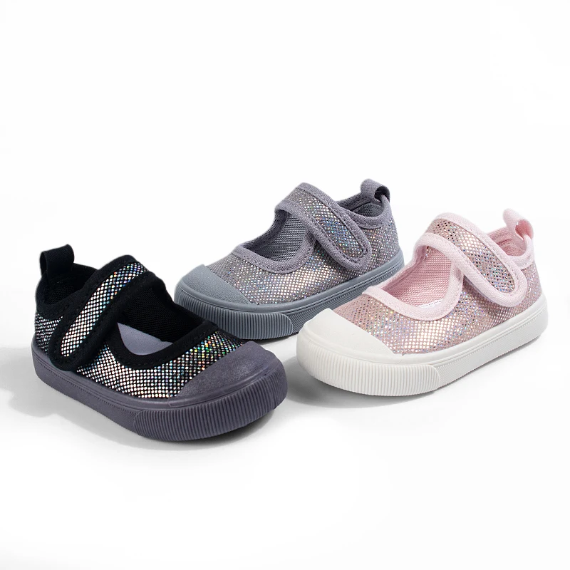Spring New Style Girls' Sequin Square-Toe Shoes, Casual Closed-Toe Shallow Single Shoes, Soft Sole With Velcro For Girls.
