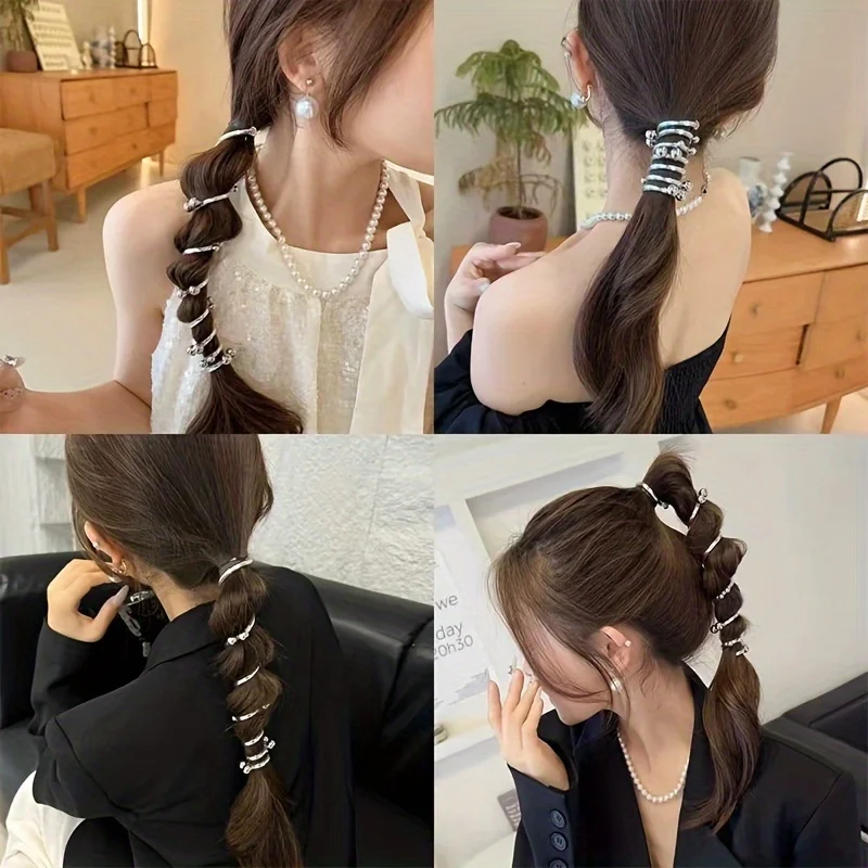 5 pieces of randomly colored telephone cable hair bands, bubble braids, bead headband, ponytail headband, and hair braiding tools - Detail 1
