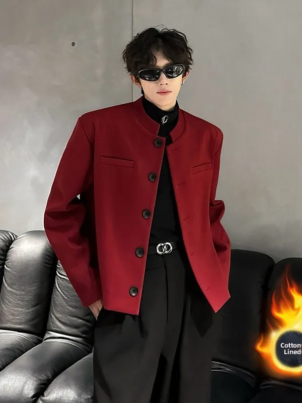 

Red Wine Color Pad oulder ort Stand Collar Men's Suit Jaet 2024 Spring Autumn Chinese Sle Old Money Faion