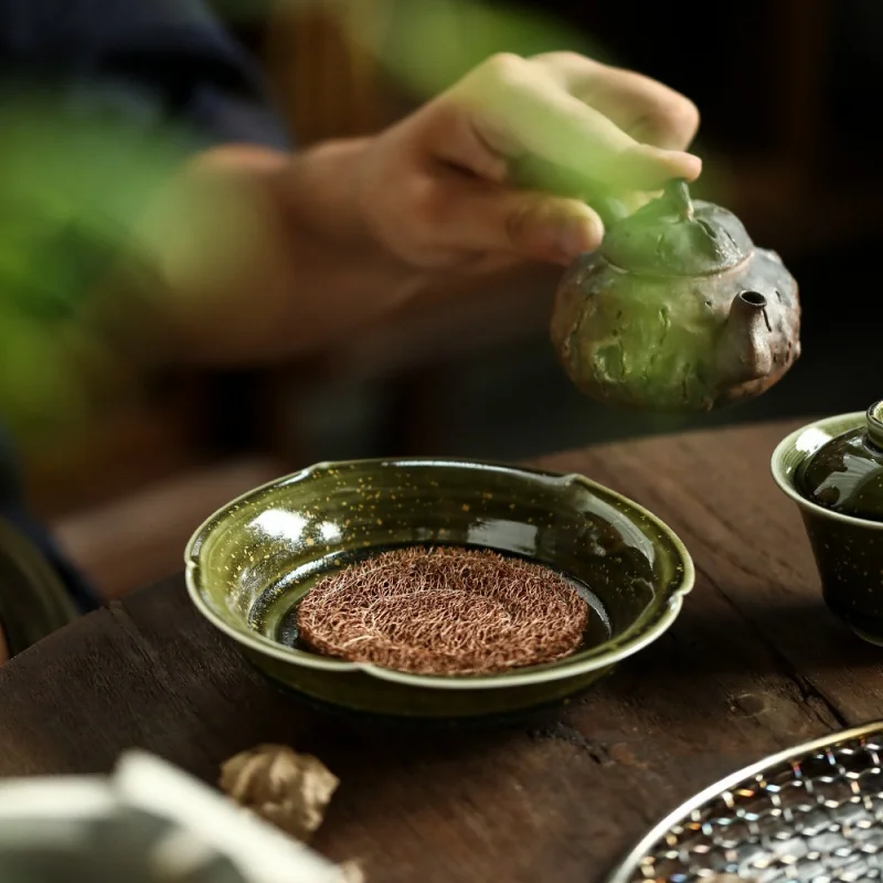 Handmade Firefly Light Flower Mouth Kiln Baked Crystal Tea Tray Soda Green Gracked Glaze Supportable Pot Tray Ceramic Tea Set Dr
