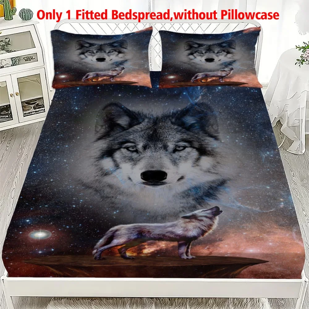 1 pieza Sábana Ajustable con Estampado de Lobo Galáctico y Lobo aullando, Funda de Colchón Elástica de Bolsillo Profundo, Decoración para Dormitorio Individual, Doble, Queen, King