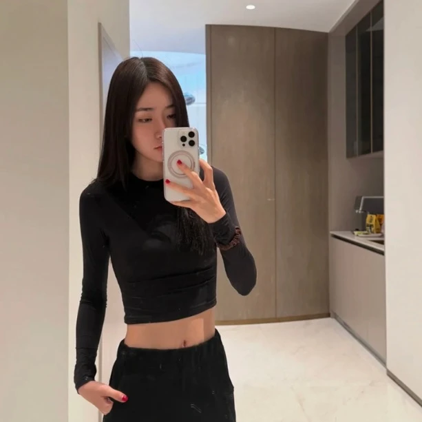 

ins niche spicy girl y2k basic bottoming hundred net version round neck thin modal long sleeve t-shirt