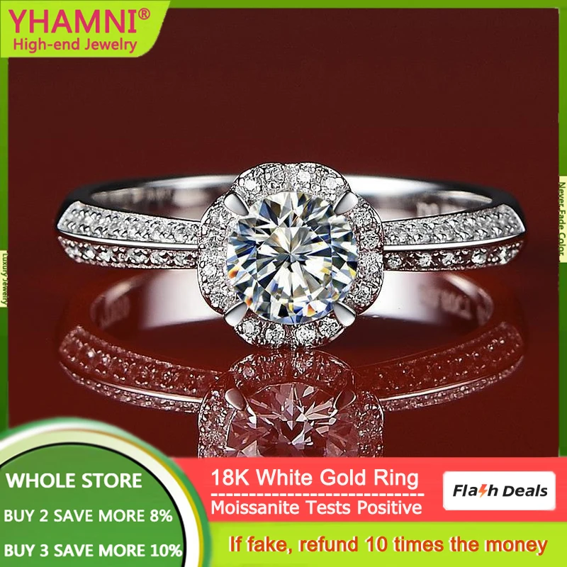 

YHAMNI Luxury 18K White Gold Ring Bridal Bouquet 1 Carat Diamond Moissanite Rings For Women High Quality Wedding Jewelry Gift