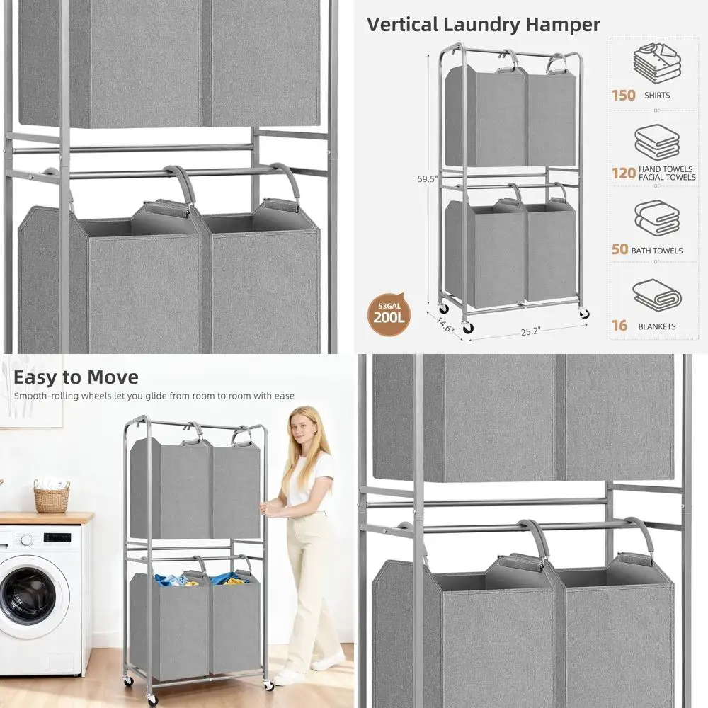 

4-Section Vertical Laundry Hamper with 2 Tiers and 4 Removable Bags for Sorting Clothes, Rolling Basket for Towels and Blankets,