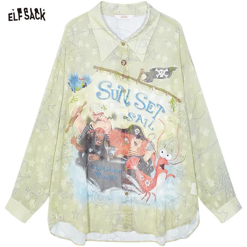 ELFSACK 2025 Summer New Arrivals Lightweight Long Sleeve Printed Shirt for Women Unique Summer Blouse
