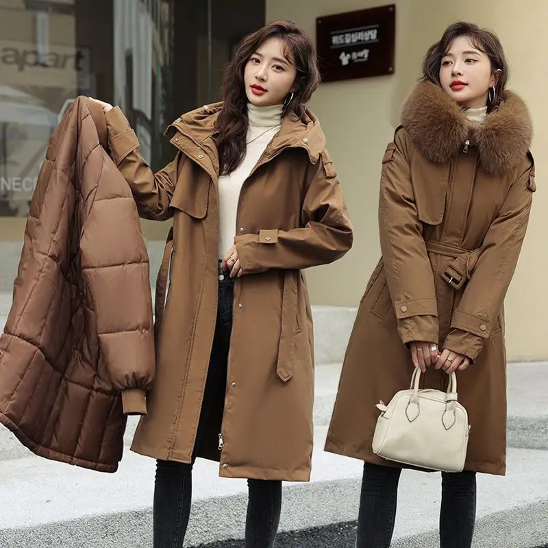 2025 New Winter Coat Down Padded Jacket Women Parkas Fur Collar Thick Hooded Cotton Coats Black Casual Outerwear Female Clothes