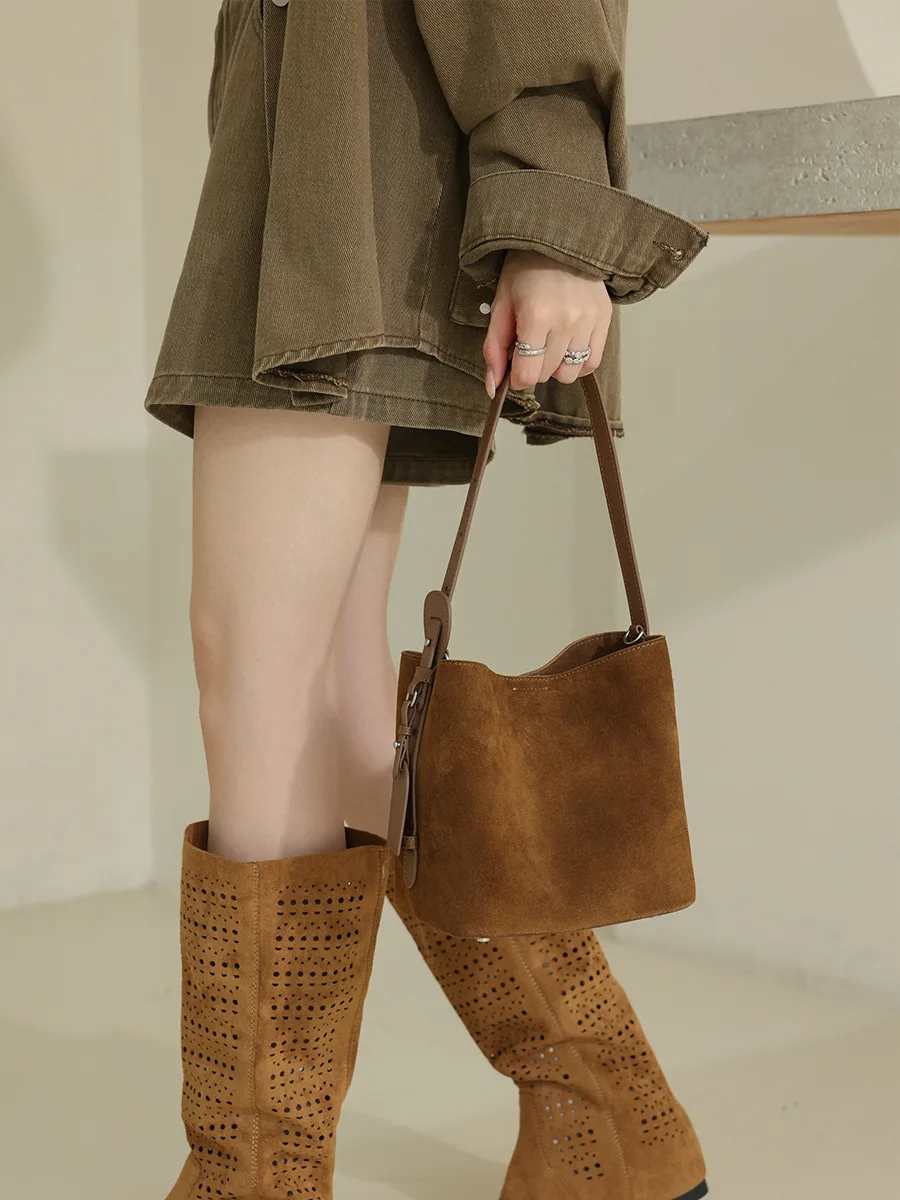Suede Bucket Bag Women Versatile New Arrival Elegant And Fashion Senior Sense Genuine Leather Women Shoulder Bag Retro Tote Bag