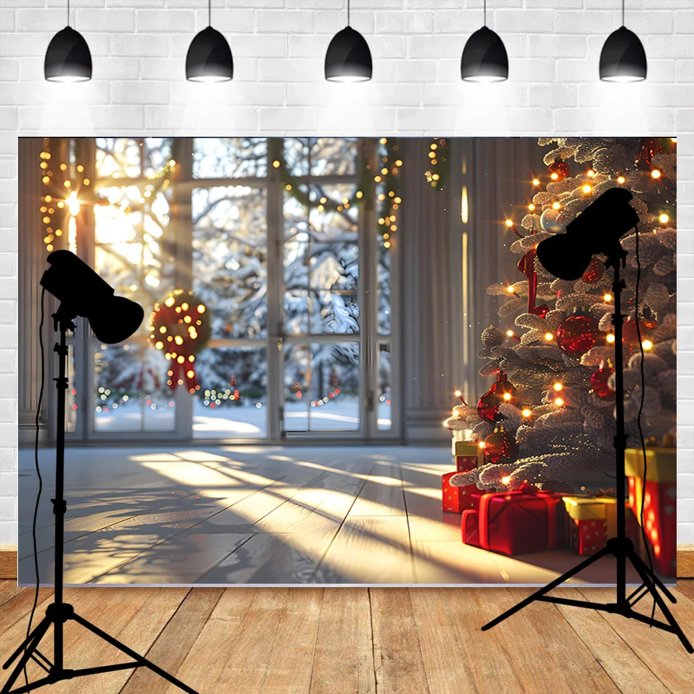 Christmas Tree With Wooden Floor Photography Backdrops Pinecones Snow Fireplace New Year Winter Holiday Party Background DT-28