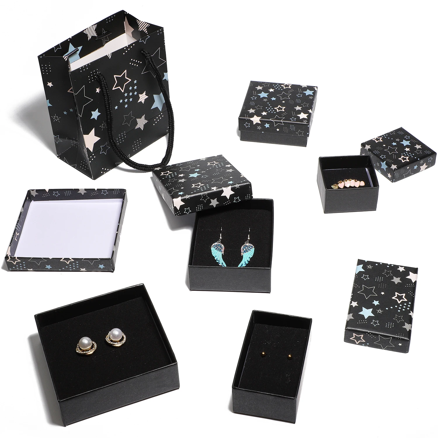 Black Paper Jewelry Box Star Pattern Cardboard Boxes With Sponge Pad for Ring Necklace Earring Pendant Display Packaging Bags