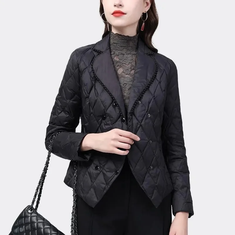 2025 Women Thin Parkas Coat Korean Female Long Sleeves Cotton Padded Jacket Winter Ladies Double-breasted Collar Puffer Outwear