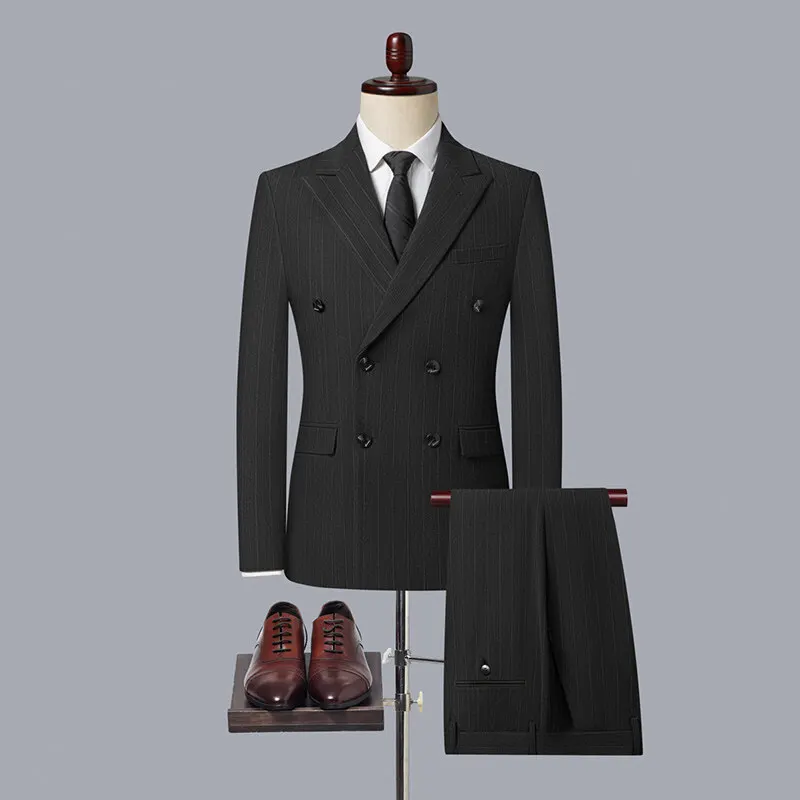 2025 Korean High Quality Double-Breasted British Style Slim Business Suit Two-Piece Set (Suit + Trousers)