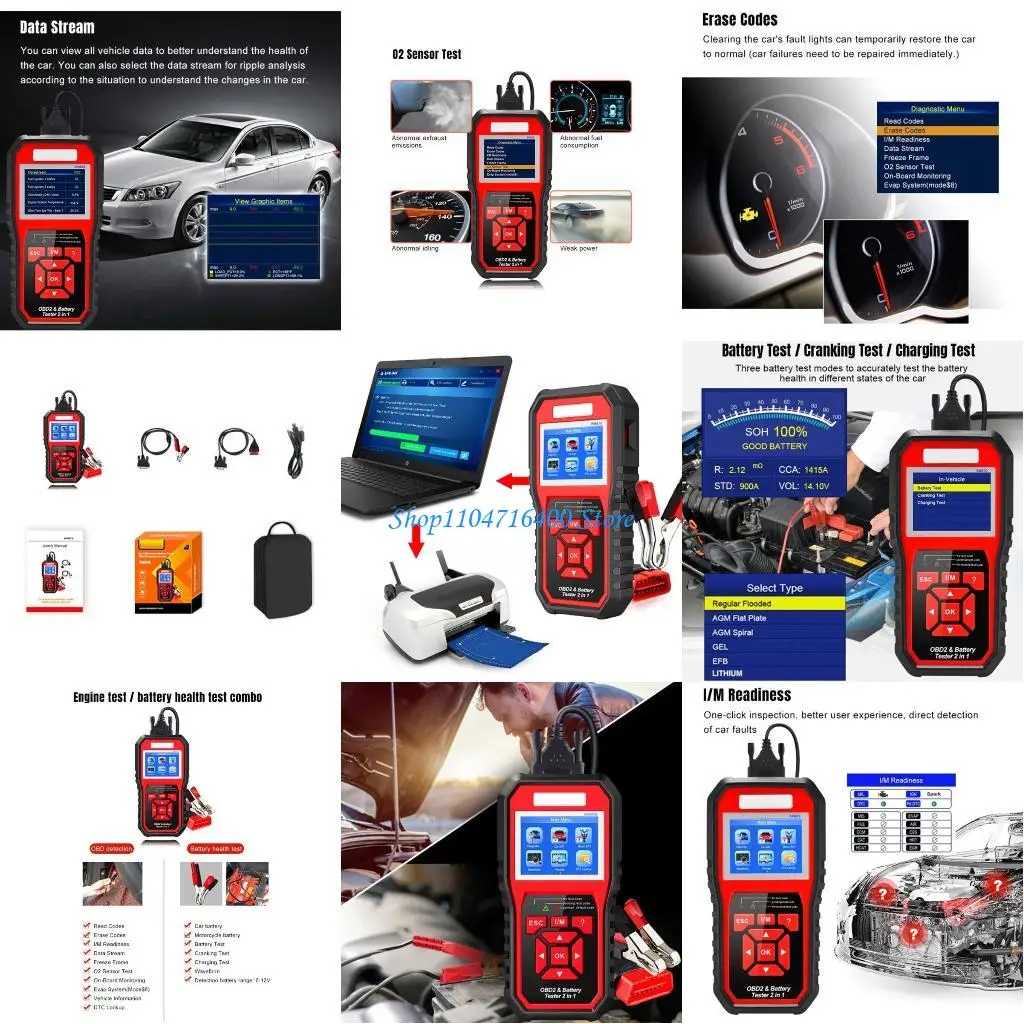 y1gd Battery Tester 2 in 1 Scanner Transmission Check Engine Light Auto Car Diagnostic Tool Troubleshooting Fault Code Reader