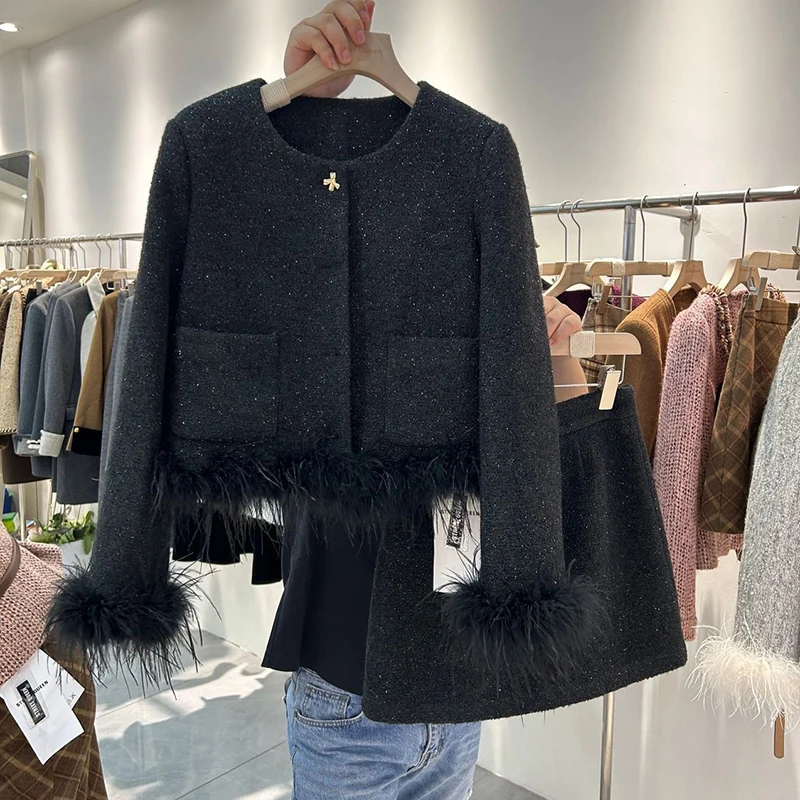 New High-end Temperament Light Luxury Feather Purple Two Piece Skirt Set Sequin Down Jacket Small Fragrant Style Two-piece Set