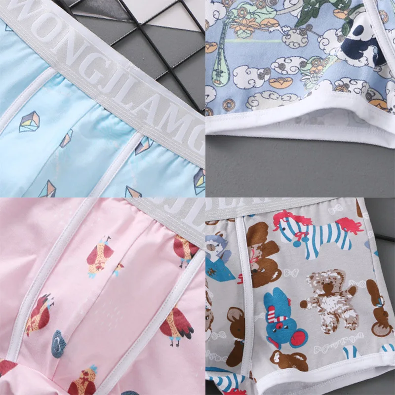 Youth Fashionable Trunks for Men Cotton Breathable Bulge Pouch Panties Mid Waist Cute Cartoon Printed Youth Comfy Sports Boxers