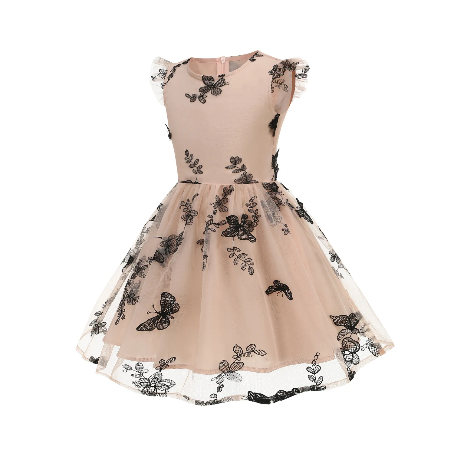 Elegante adorável meninas doce princesa na primavera verão malha fada voando mangas borboleta bordado flor crianças vestido rosa