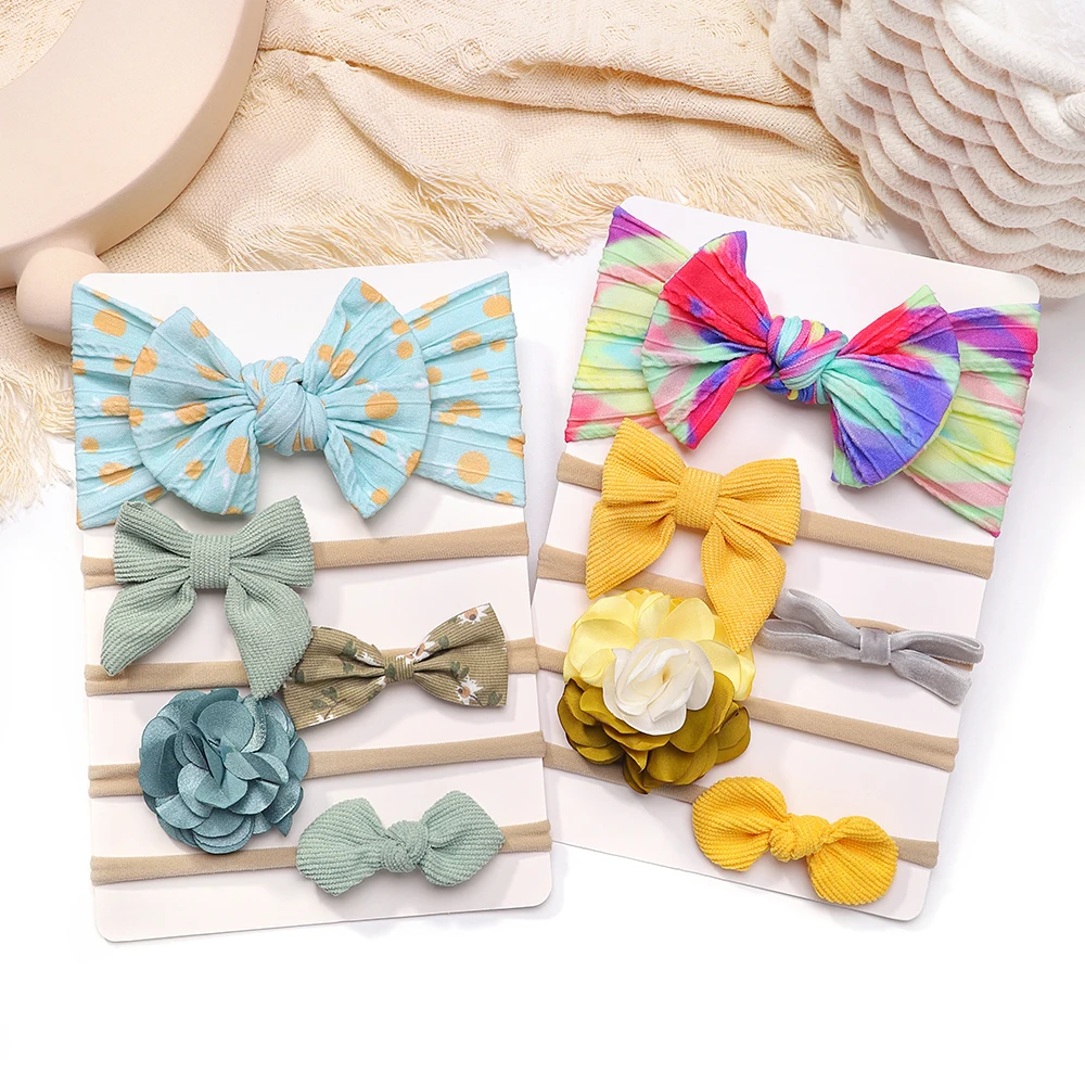 5Pcs/Set Delicate Bows Headband Girl Kids Hair Accessories Elastic Turban HairBands Nylon Newborn Baby Headwrap Headwear