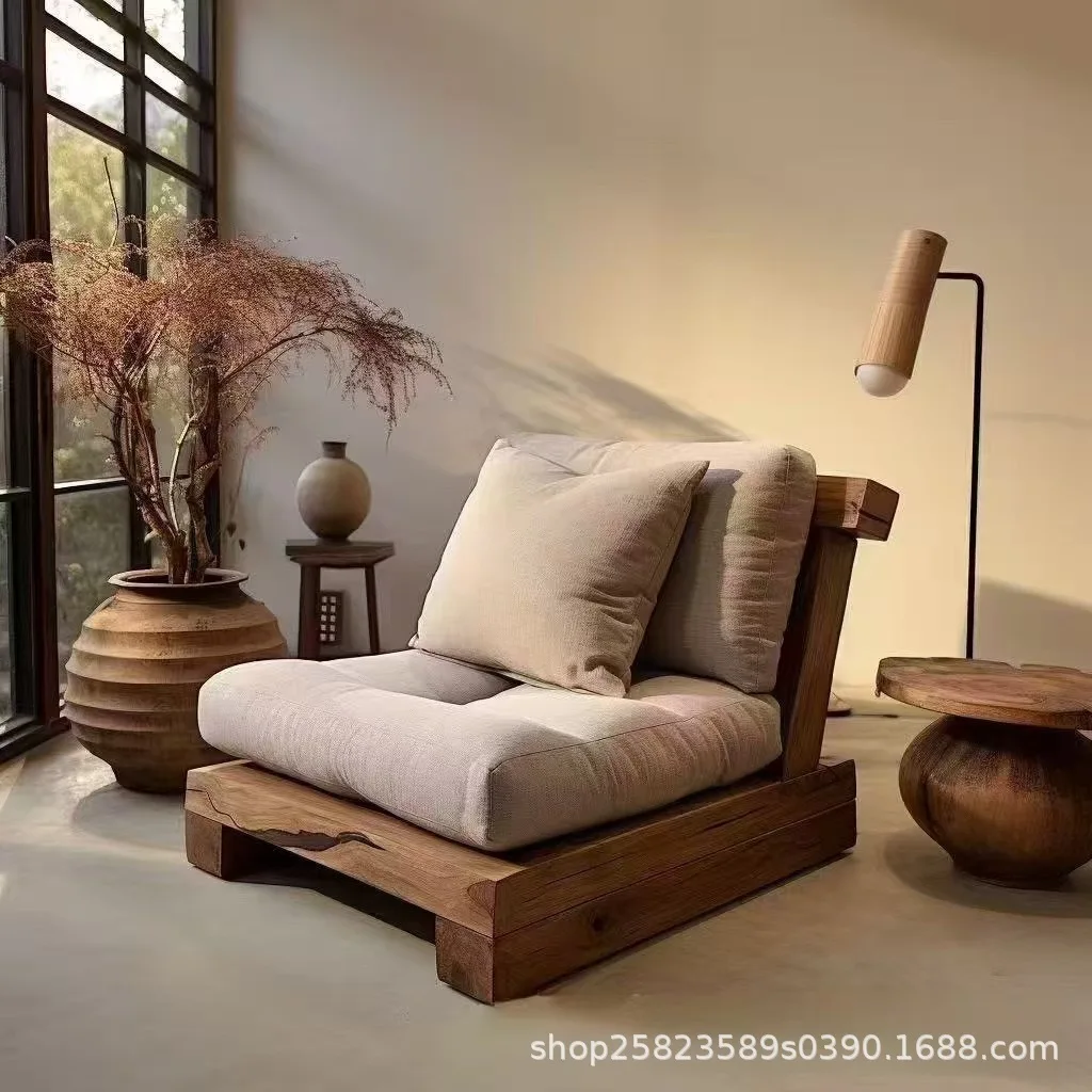 

Solid wood sofa chair living room single leisure chair homestay sofa recliner floor tatami sofa double seat
