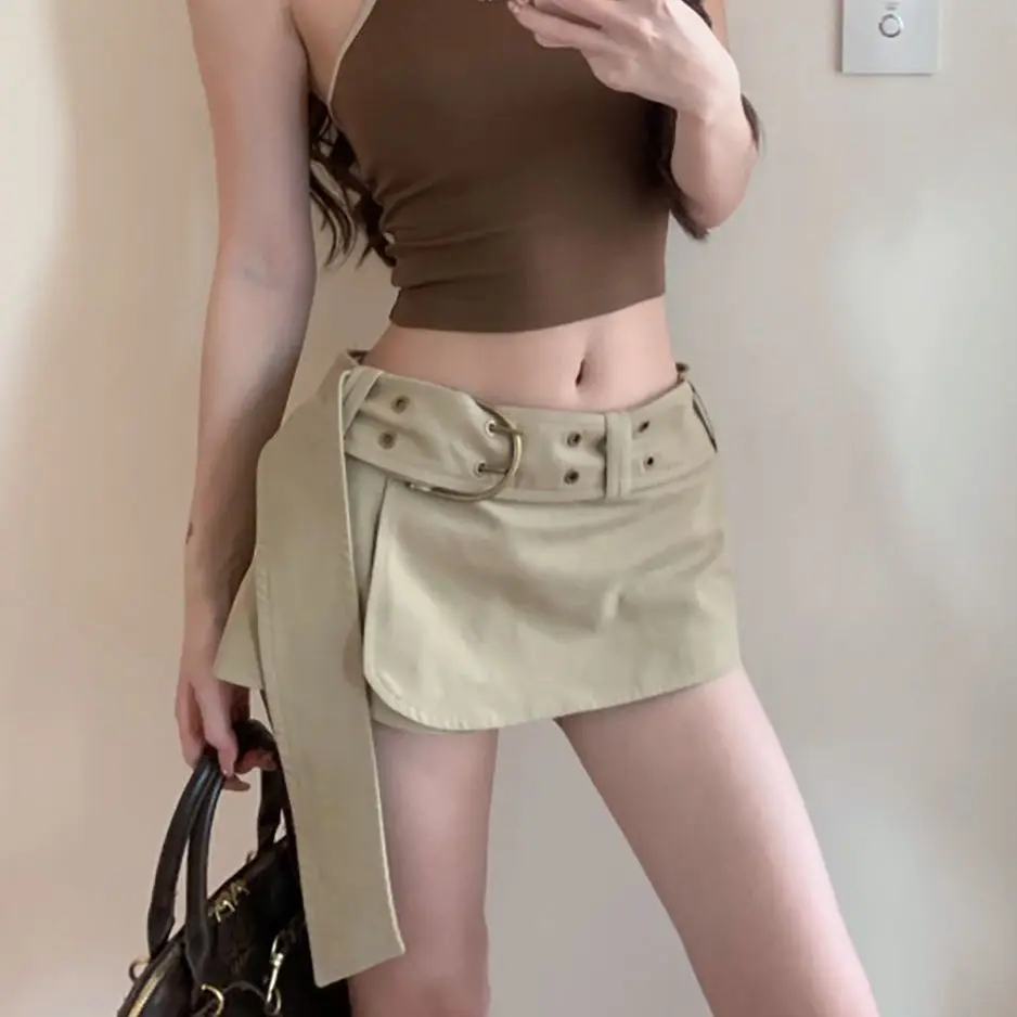 

Короткая юбка цвета хаки с запахом на бедрах, женская осенняя новая противолегкая юбка с широким поясом