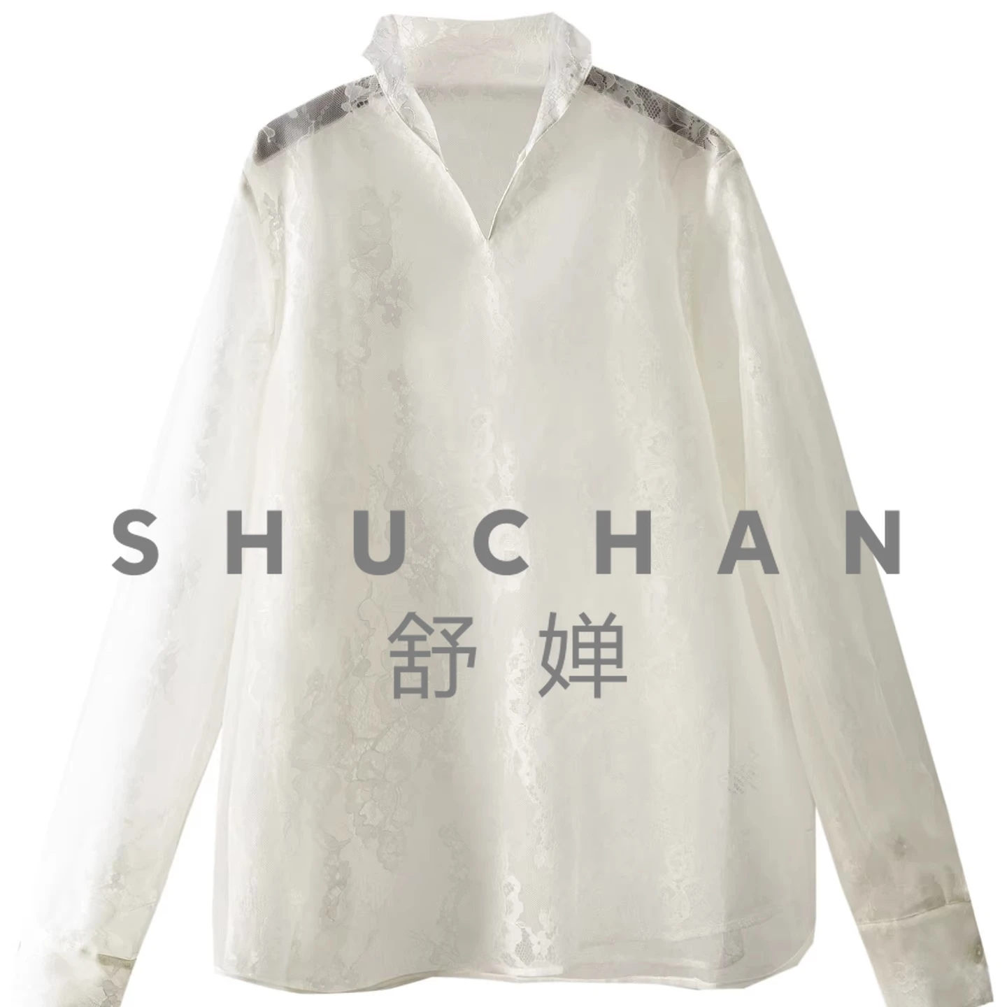 

Fashion Women Blouse Designer Double-layer Hollow Lace V-neck Long-sleeved Shirt Female 97I4