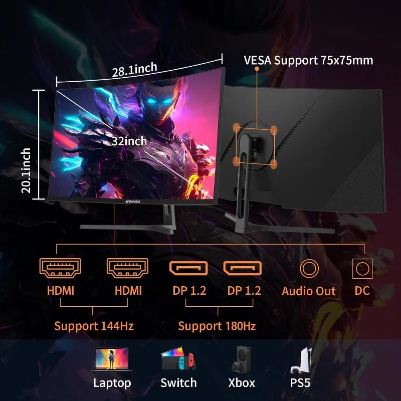 Monitor de jogos curvo de 32 polegadas WQHD 2560 x 1440 180 Hz curvado 1500R -1ms (OD), HDR, 300nits, sRGB 125%, DCI-P3 95%