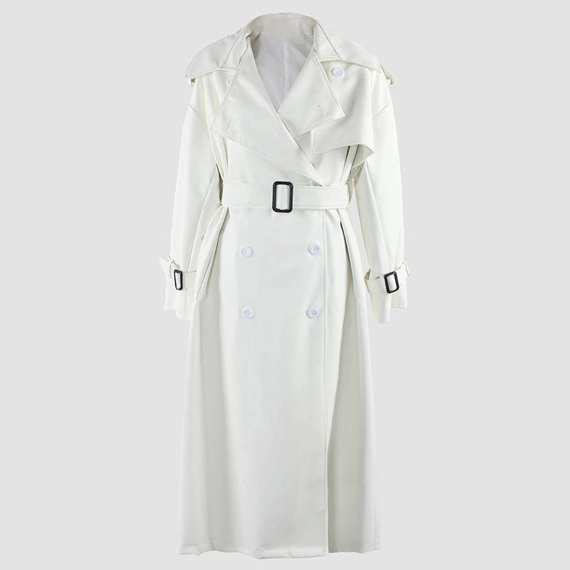 Spring Autumn Long Oversized Black Pu Leather Trench Coat for Women Belt Double Breasted Loose Casual Maxi Overcoat