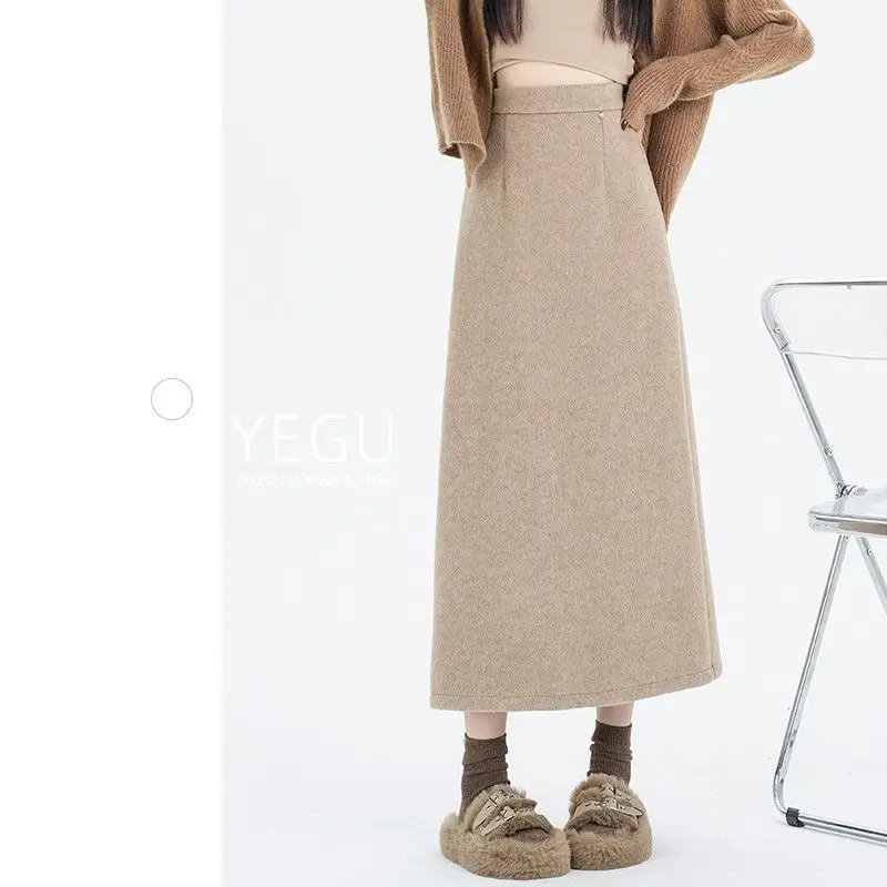 Woolen Skirt Women's Autumn and Winter 2025 Thick Long Straight High Waist Split A-line Skirt
