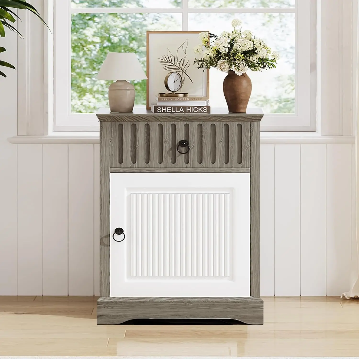 

End Table, Farmhouse Nightstand with Shelf and Door, Rustic End Table with Storage Drawer, Fluted