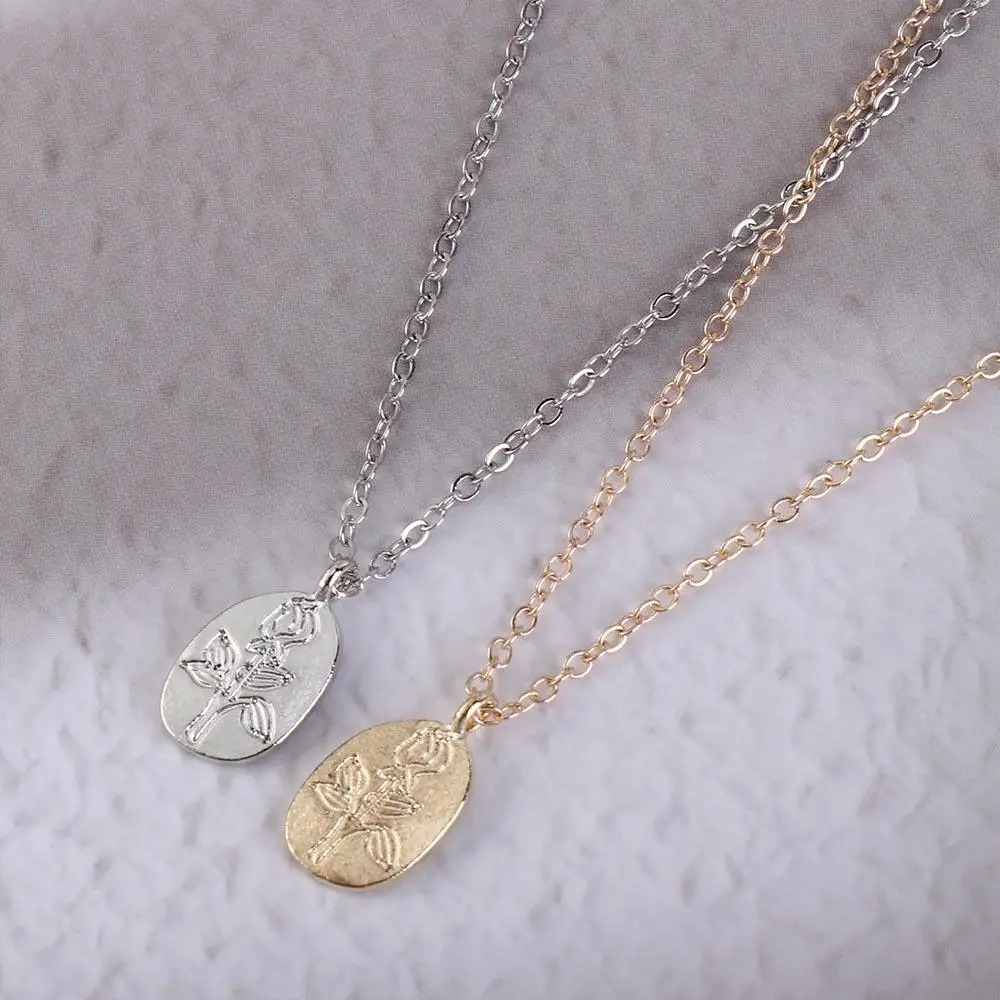 Rose Flower Oval Pendent Necklace Women Exquisite Sweater Thin Chain French Girl Sweet Clavicle Chain Fashion Jewelry Gifts