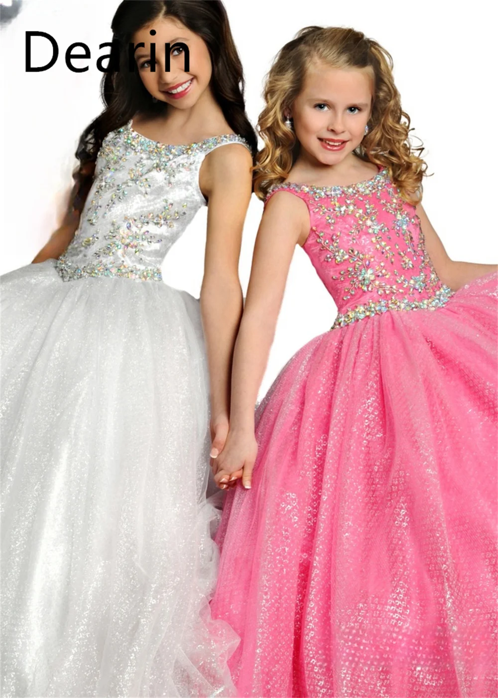 Customized Dearin Shoulder Girdle Ball Gown Floor Length Skirts Sequin Tulle Flower Girl Dresses