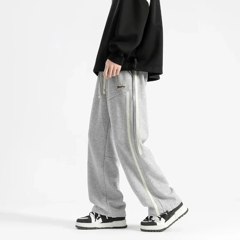 Men's Spring Autumn Drawstring Letter Stripe Elastic High Waist Pockets Casual Loose Sports Wide Leg Trousers Fashion Pants