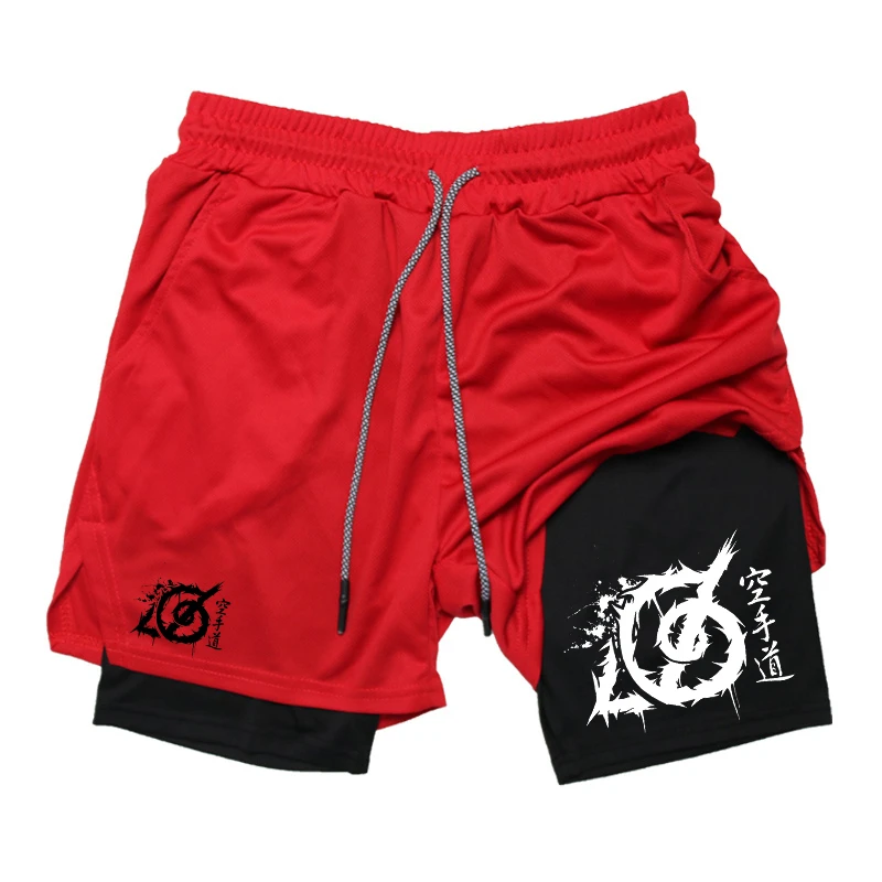 Karate Graphic 2 in 1 Workout Running Shorts for Men Gym Athletic Sport Shorts with Compression Liner Phone Pocket Towel Loop